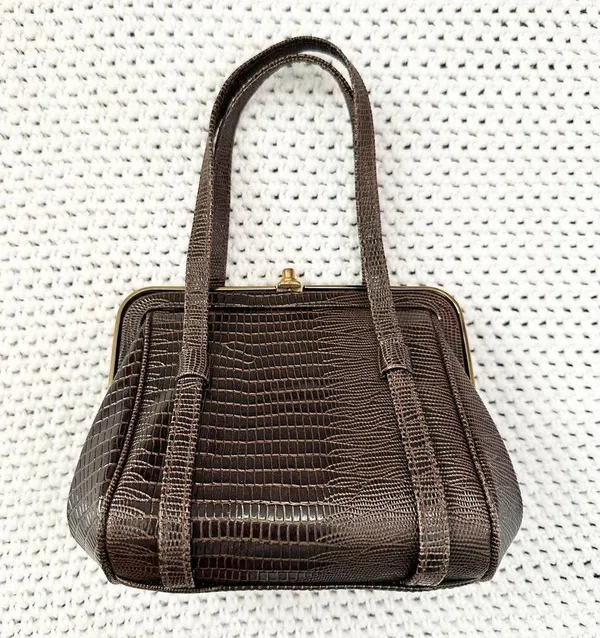 After Five Brown Reptile Textured Leather Framed Small Evening Bag Vintage - Image 10