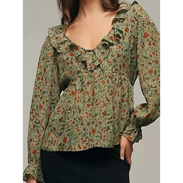 Reformation Wyn Floral Ruffled Top in green 4 - Image 3