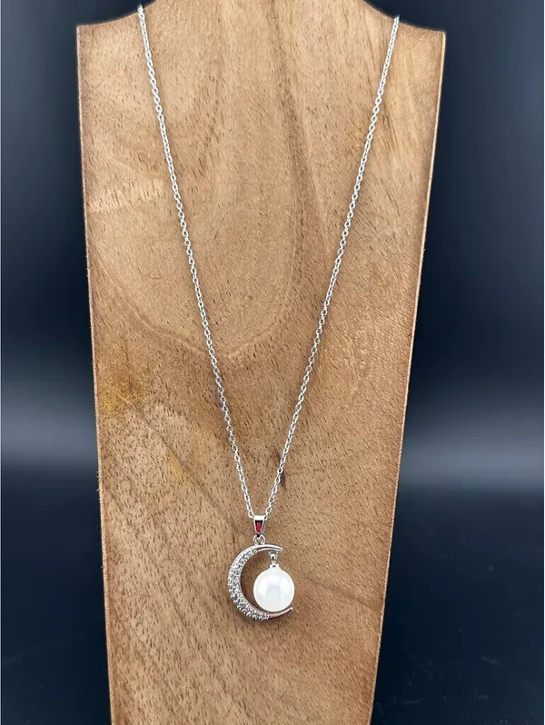 Silver Crescent Moon Pendant Necklace with Pearl Accent - Image 3