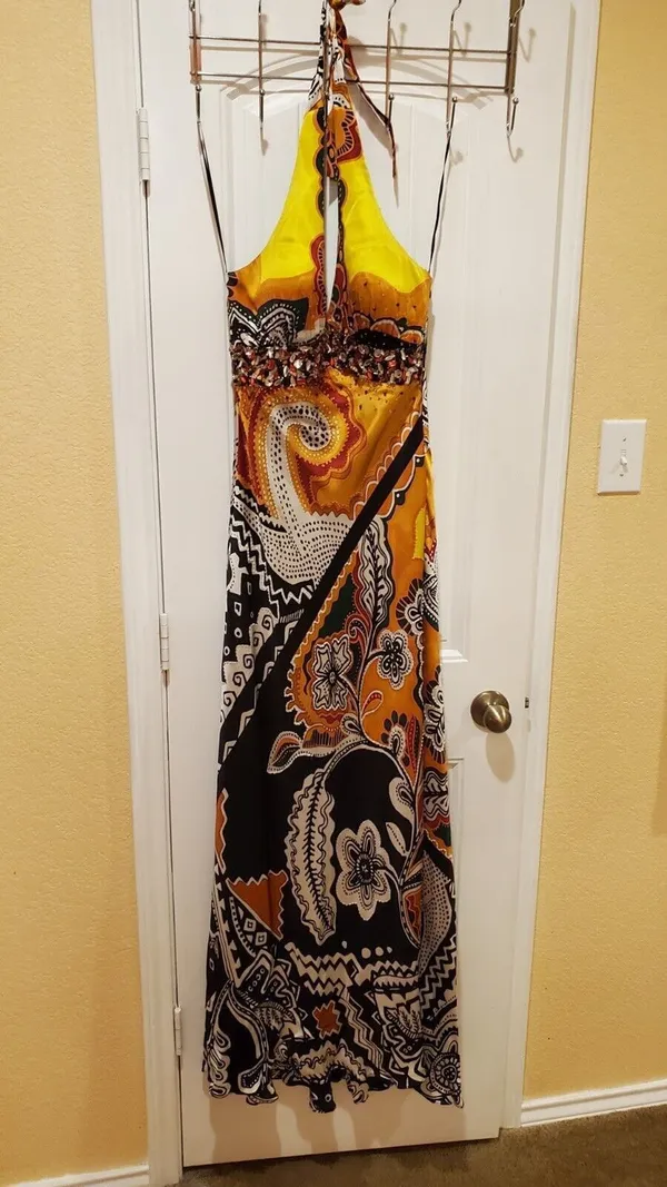 MARY L COUTURE Beads Halter print Dress Sz 10 Yellow Multi 100% SILK - Image 3