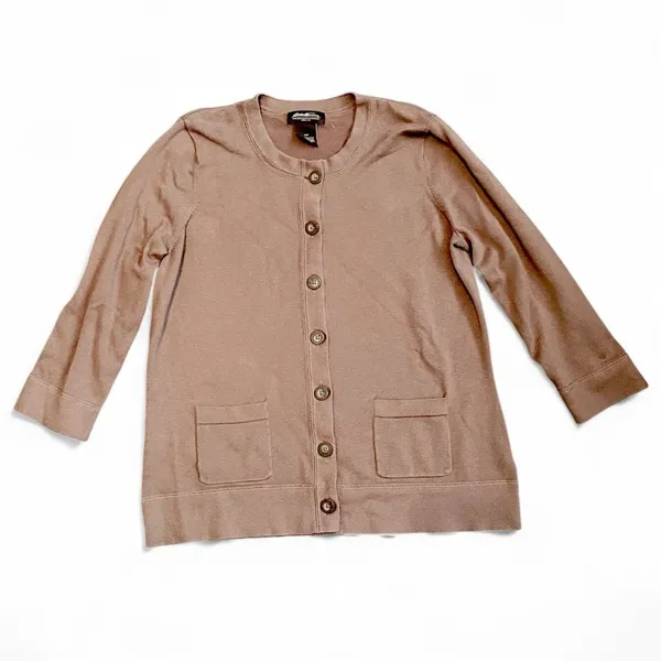 Eddie Bauer Women’s L Brown Knit Cotton Nylon Button-Up 3/4 Sleeve Cardigan - Image 2