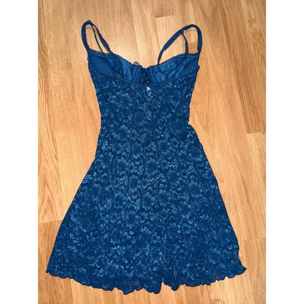 Jaeger Vintage Royal Blue Floral Lace Mini Dress Underwire Ribbon Slip Small A1184F - Image 4