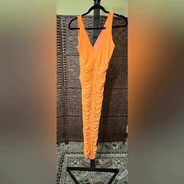 New Naked Wardrobe Power Mesh Ruched Midi Dress Orange - Size Large - Sold Out - Image 4