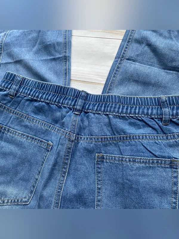 Light weight medium wash wide leg flare contour stitching pull on denim jeans 12 - Image 5
