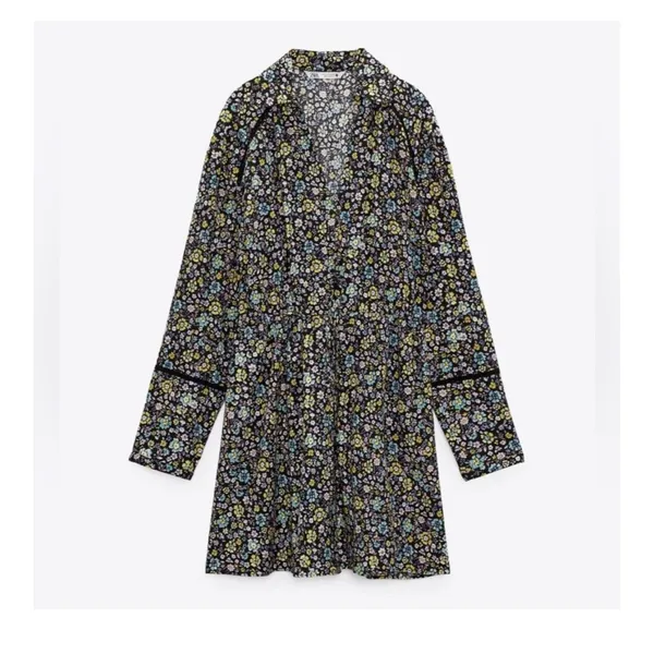 Zara Dress Womens Size Large Black‎ Floral Long Sleeve V Neck Mini New - Image 2
