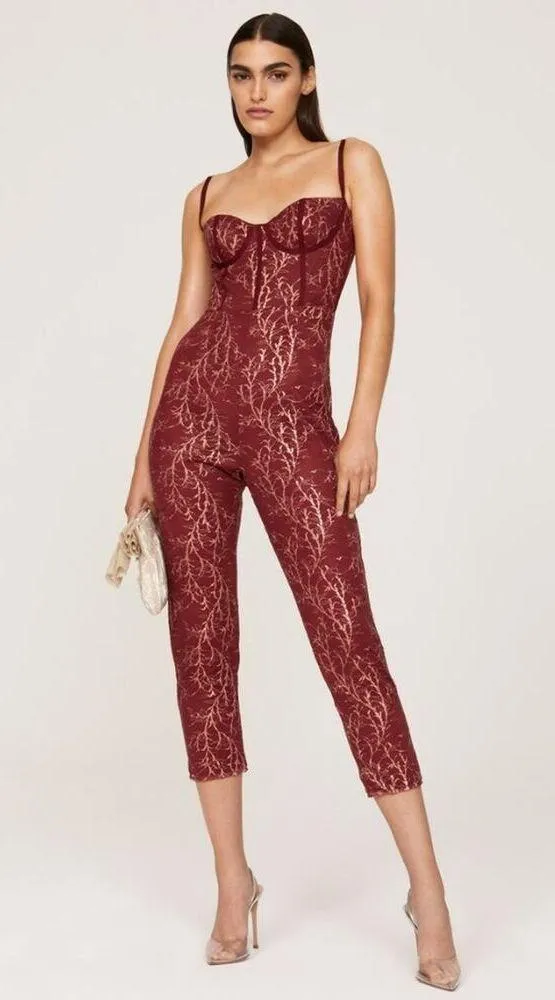 Rtr sz0 Katie May Venus Jumpsuit red wine lace gold shimmer metallic skinny 1 PC - Image 2
