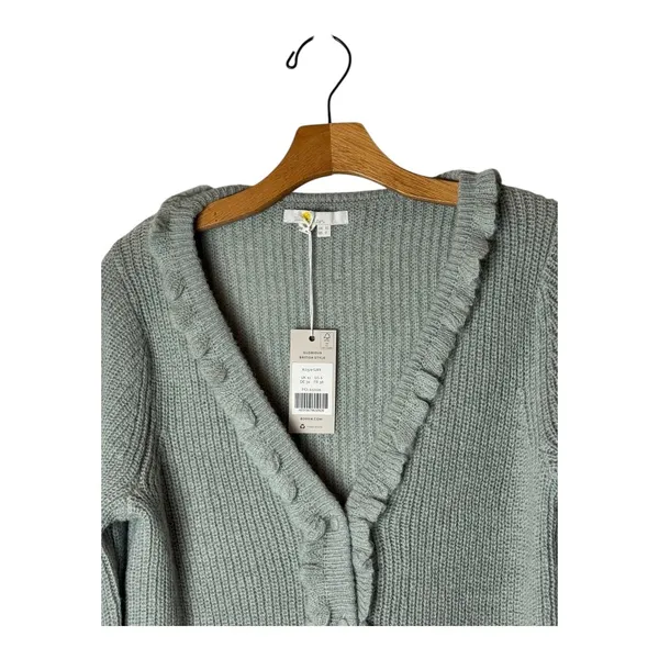 Boden Sweater Women 6 Green Sage Ruffled V Neck Button‎ Cardigan Boho Preppy NWT - Image 4