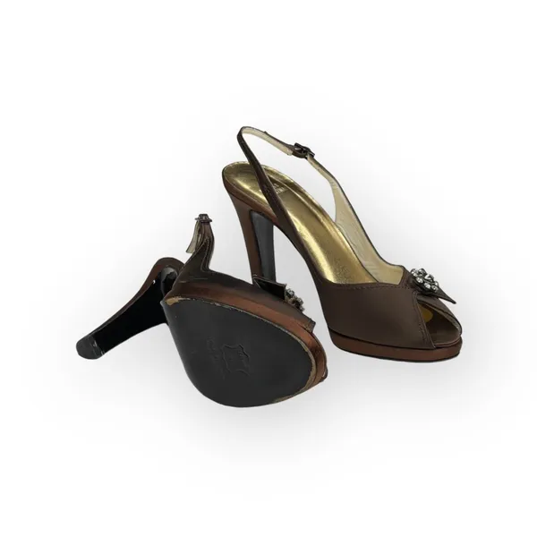 Stuart Weitzman ❤︎ Metallic Silk Peep Toe Slingback Heeled Sandals ❤︎ Chocolate - Image 12
