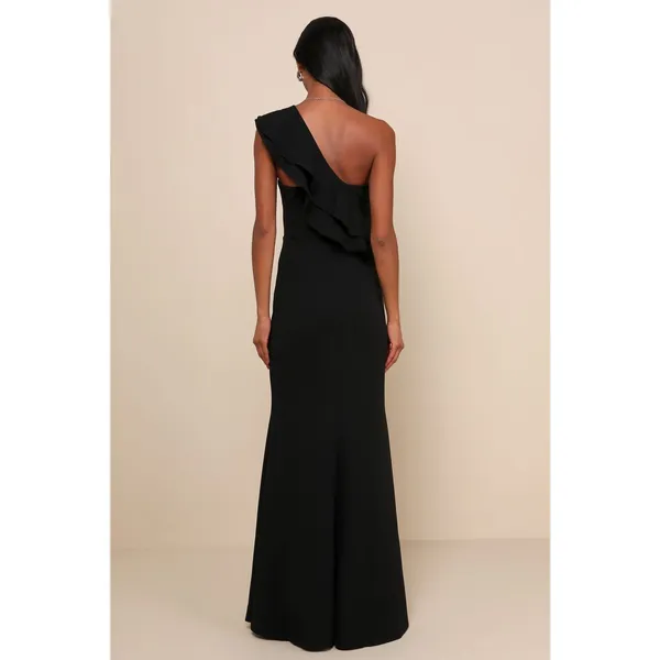 NWT Lulus Grand Beauty Black Ruffled One-Shoulder Mermaid Maxi Dress Goth Size S - Image 3
