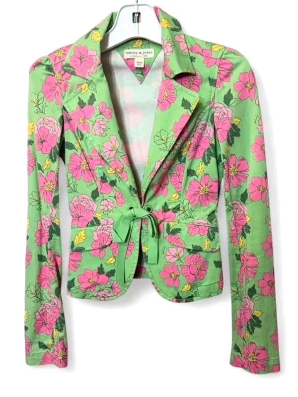 Tommy Hilfiger Y2K Green & Pink Floral Blazer W/Tie Waist Sz XS - Image 2