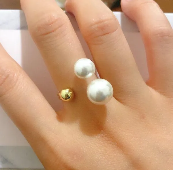 Gold Asymmetry Layered Pearl Bangle and Ring Set - Image 3