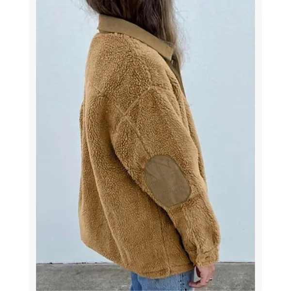 NEW Tan Fleece Jacket Buttons Fuzzy Fleece Sherpa Coat Pockets M - Image 5
