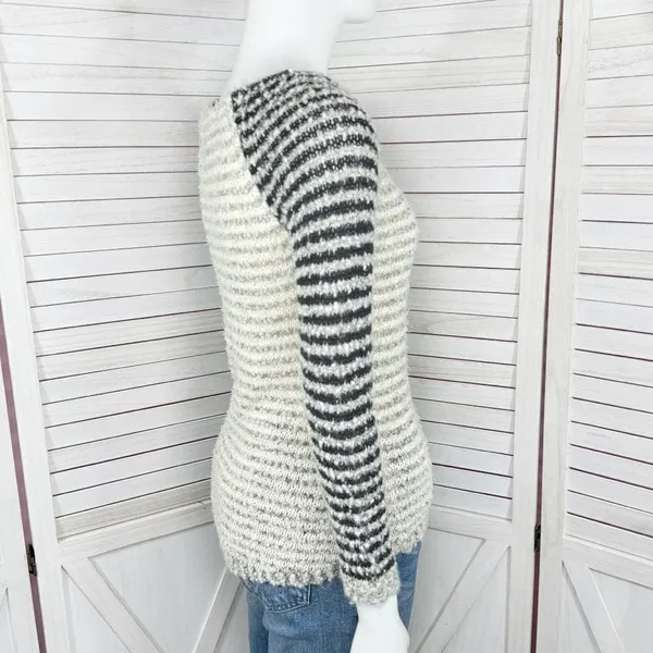 Loft Striped Boucle Knit Pullover Sweater Tan‎ Grey Black XS Colorblock - Image 3