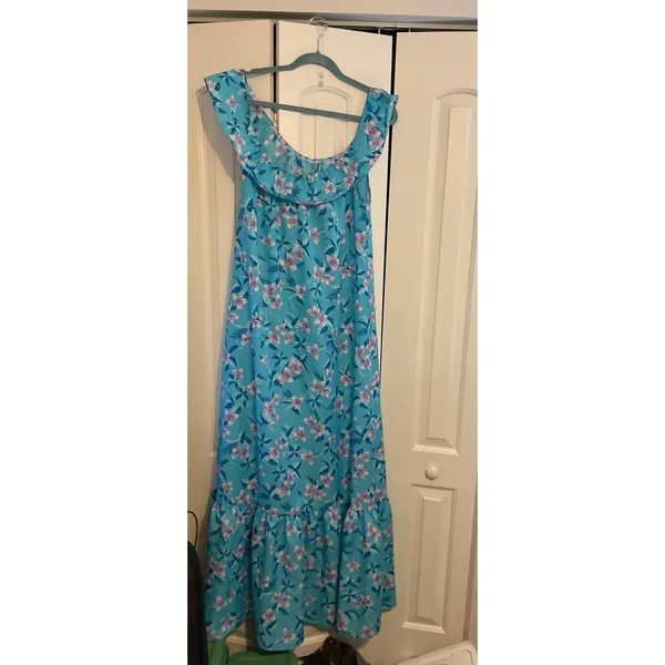 Vintage Hilo Hattie Hawaii Floral Maxi Dress Off Shoulder Ruffle Blue Purple M‎ - Image 4