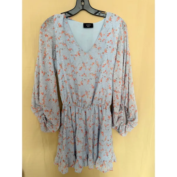 VICI Mini Dress Women Small Light‎ Blue Floral Tyche Long Sleeve Ruffle Boho - Image 2