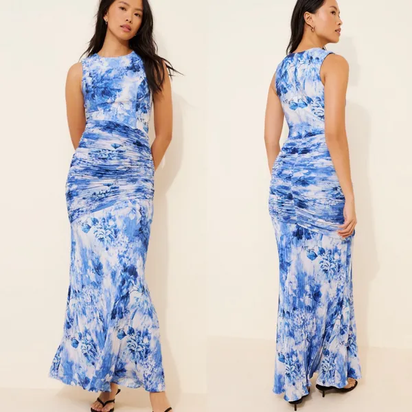 Dress The Population Violetta Maxi Dress XL Blue Floral‎ Pleated Ruched Wedding - Image 8