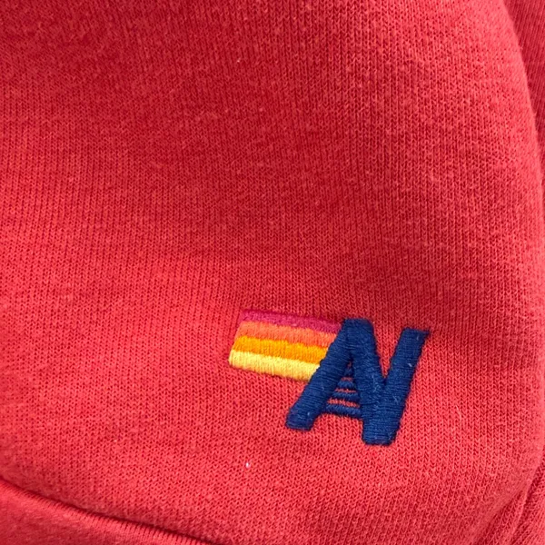 Aviator Nation Red Crew Neck Sweater with Rainbow 5 Stripes with Pockets - Image 5