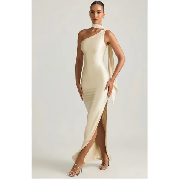 Oh Polly Sheril Asymmetric Scarf-Detail Maxi Dress in Ivory Size 4 New - Image 3