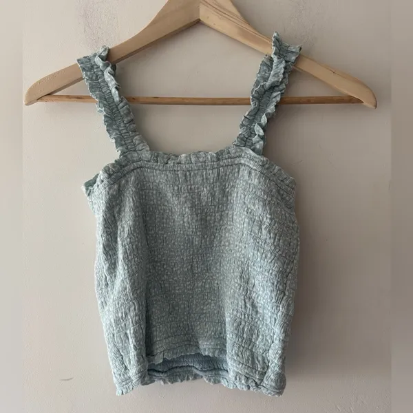 Abercrombie & Fitch Blue and White Smocked Polka Dot Crop Top‎ - Image 3