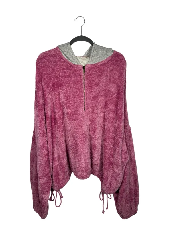 Free People Pink Fuzzy Teddy Half Zip Hoodie Oversized Pullover Balloon Sleeve M - Image 2