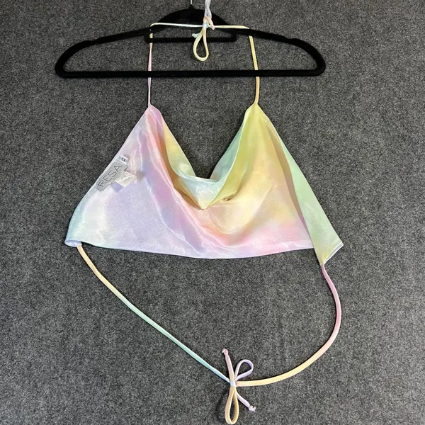 RESA Pastel Rainbow Tie Dye Cowl Neck Halter Top Shimmer Satin XS Made in LA Y2K - Image 5