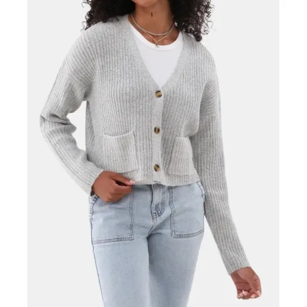 No Boundaries Womens Cardigan Sz M Light Grey Sweater Button Front Rib Knit Y2K - Image 3