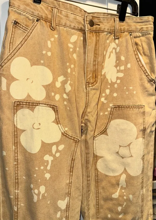 New Boutique Western Boho Button Fly Floral Jeans In Tan Combo Material: Cotton Size: 28 approx 15 inch flat and 28 inch Inseam - Image 4