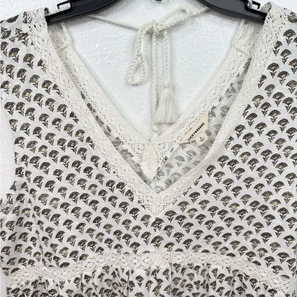 Lucky Brand Blouse Size L White Floral Crochet Trim Patterned Boho Babydoll Top - Image 3