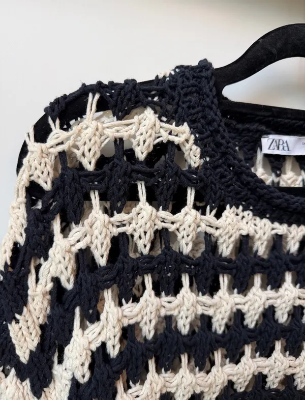 Zara Navy Black White Open Knit Striped Cropped Sweater Chunky Crochet Pullover - Image 3