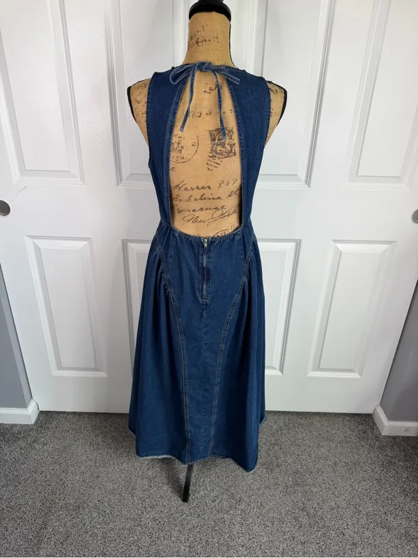 Poselle Denim Open Back Maxi Dress Size L Cotton Blend Sleeveless A-Line Dress - Image 4