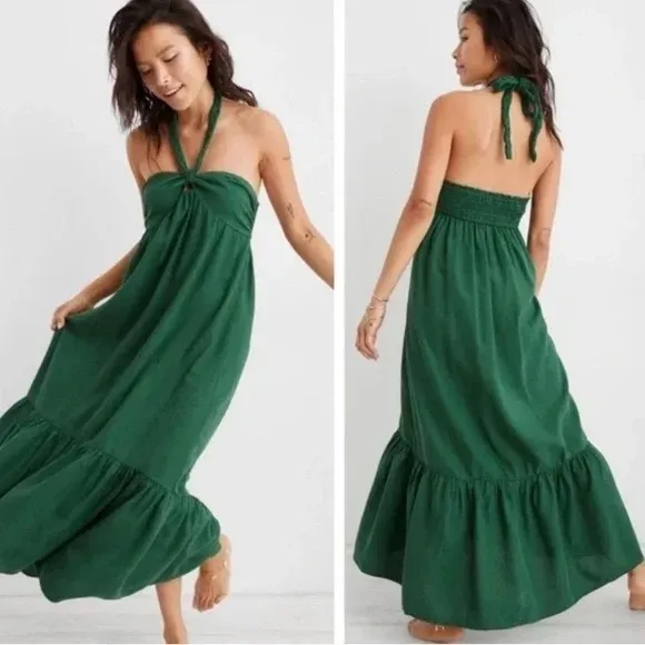 Aerie linen halter maxi dress forest green beach sundress Size Xsmall - Image 2