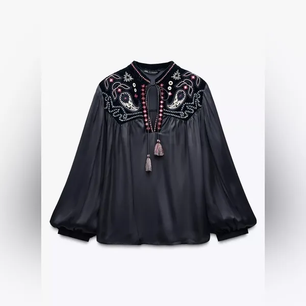 Zara velvet blouse embroidery‎ NWOT - Image 3