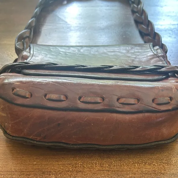 Vintage Leather Crossbody Bag Brown Braided Strap Boho Retro Rustic 60s 70s‎ - Image 2