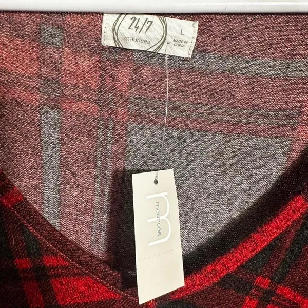 N259. Maurices red plaid long sleeve top with V-neck and bell sleeves Size L - Image 2