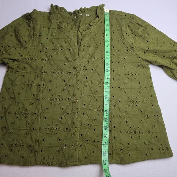 Unbranded 56R Olive‎ Green Eyelet Lace Ruffle Neck Puff Sleeve Cotton Blouse L - Image 5