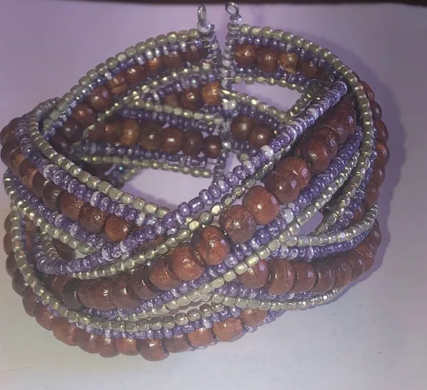 Wooden Beaded Brown & Purple Boho Wrap Cuff Bracelet - Image 2