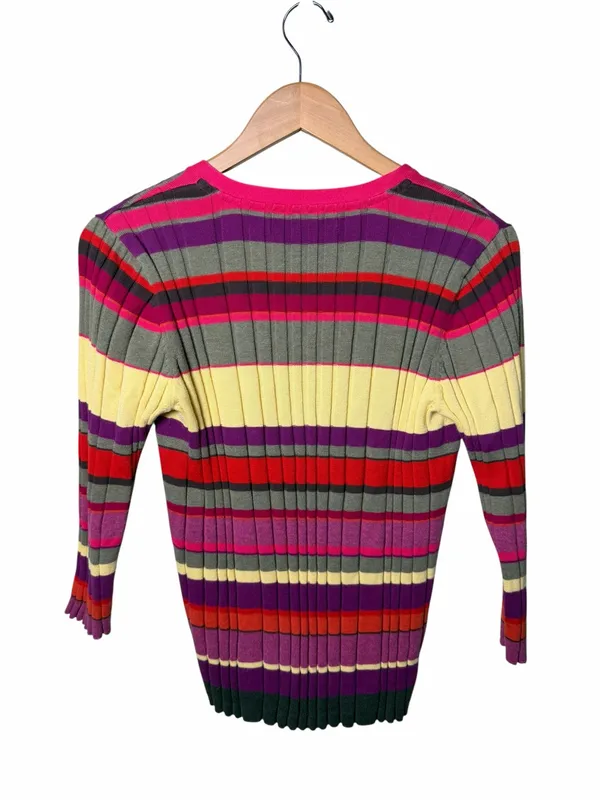 Vintage 2004 Tommy Hilfiger Striped Ribbed V-Neck Sweater Top Y2K Large - Image 2