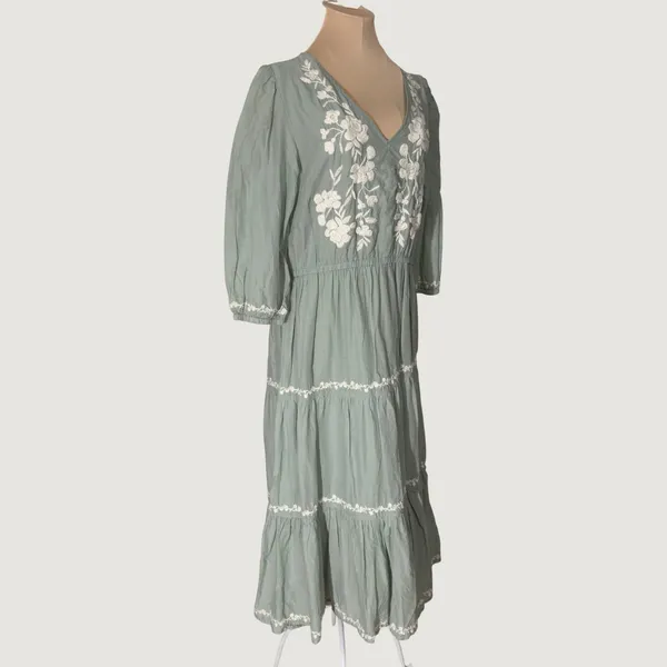 3271 | Lucky Brand Embroidered Tiered Midi Dress Sage Green Cotton Women L - Image 3