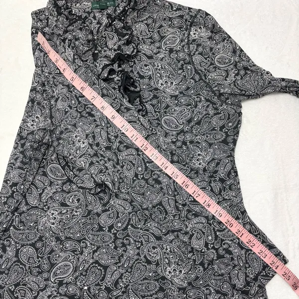 Ralph Lauren Black White Paisley‎ Ruffle Front Long Sleeve Cotton Blouse Size XL - Image 9