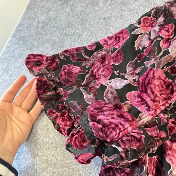 Salt Dark Rose Floral Burnout Velvet Midi‎ Dress Puff Sleeve Pink Purple Ruffle - Image 4