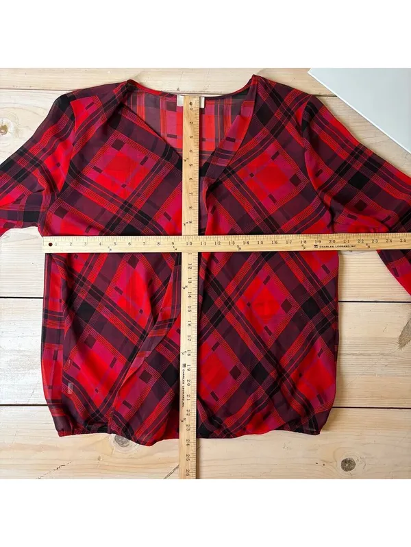 Loft EUC Women's Sheer Red Plaid Faux Wrap Blouse Size L - Image 5