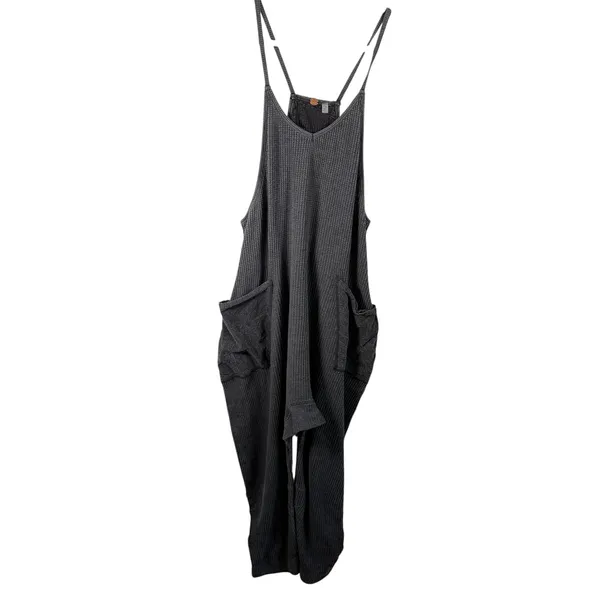 Free People FP One Thermal Waffle Knit Jumpsuit Grey Slouchy Harem Pockets Small - Image 4