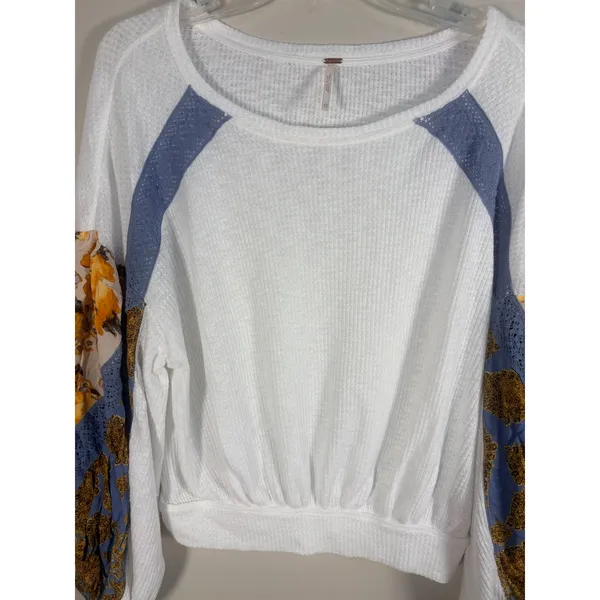 Free People Waffle knit Top XS White Excellent Mixed Media Floral Balloon Sleeve - Image 7