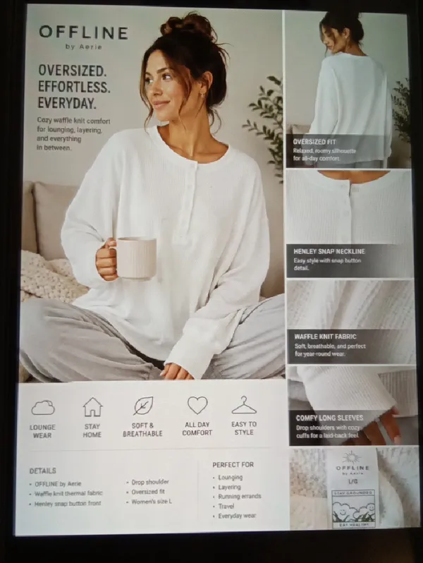 Offline By Aeri Oversized Everyday Cozy Waffle Layering Cotton Henley Size Larg - Image 2