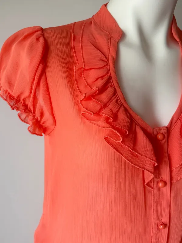 Y2K Coral Ruffled Trim Short Sleeve Sheer Blouse - Image 3