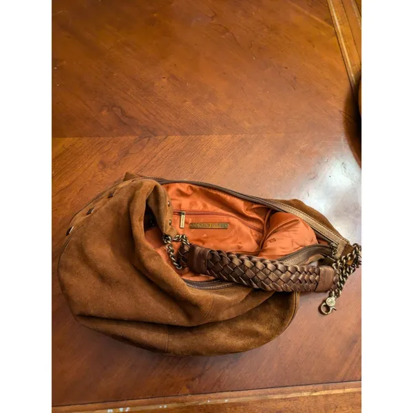 Donald Pliner Camel Suede/Metallic Cresent Studded Trim Hobo Purse - Image 13