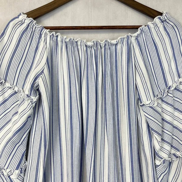 DREW Women Top Blouse Size Medium Off Shoulder Stripe Tiered Bell Sleeve Peasant - Image 3