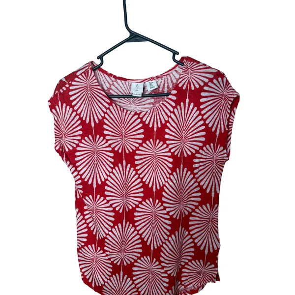 Joie Womens Red White Palm Leaf Print 100% Linen Scoop Neck Cap Sleeve‎ Top M - Image 2