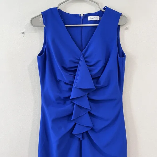 Calvin Klein Royal Blue Ruffle V Neck Sleeveless‎ Shift Dress Size 6 - Image 3