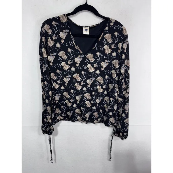 Old Navy XXL Black Floral‎ V-Neck Top Women's Long Sleeve Cinch Cuff - Image 4